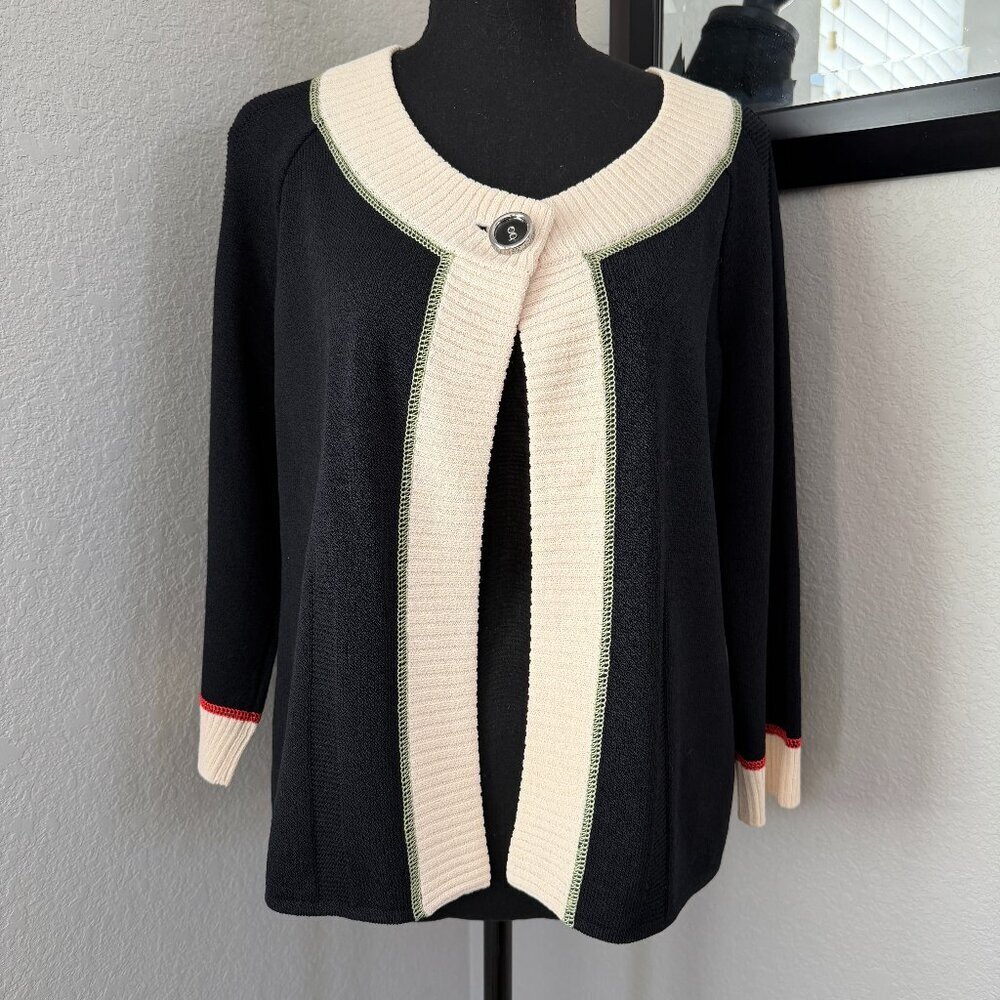 ST. JOHN Sport Wool Cardigan Sweater Black Cream Button Front Small - Picture 3 of 12